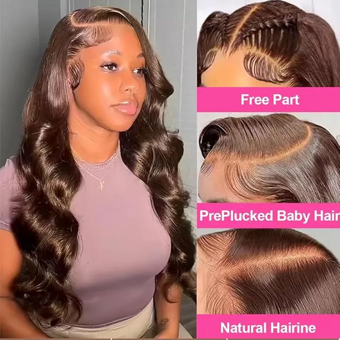 Chocolate Brown Lace Front Wigs Human Hair with Baby Hair 200 Density 13x4 Body Wave Lace Frontal Human Wigs Pre Plucked 4# Brown Wig 30 Inch