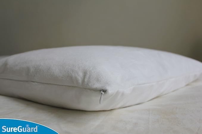 Set of 2 Queen Size SureGuard Pillow Protectors - 100% Waterproof, Bed Bug Proof, Hypoallergenic - Premium Zippered Cotton Terry Covers