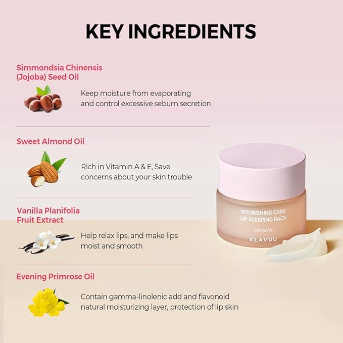 Klavuu Nourishing Care Lip Sleeping Pack - Lip Mask for Exfoliating & Nourishing Lip Treatment Balm for Dry Lips - Natural Moisturizing Lip Oil with - Lip Balm to Repair & Protect Lips 0.7oz (Vanila)