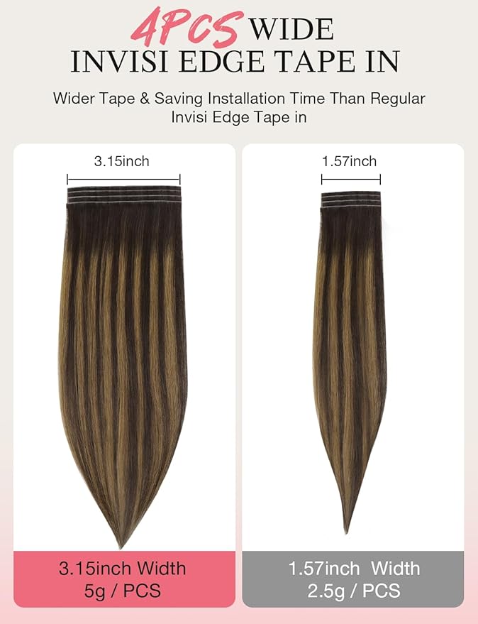 DOORES Invisi Edge Tape in Wide Hair Extensions Human Hair, Dark Brown to Chestnut Brown 4PCS Injection Tape ins 20g 24 Inch, Virgin Human 3 Inch Wide Injected Extensions Invisible