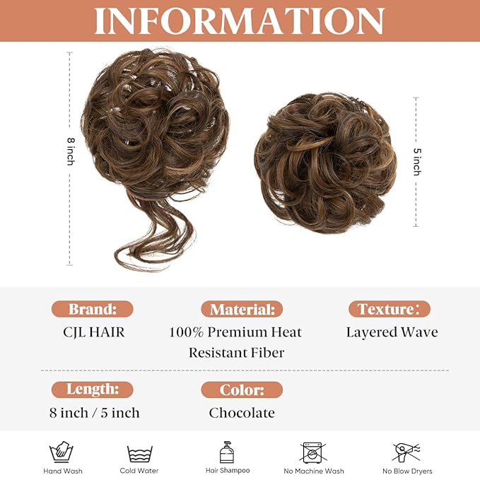 CJL HAIR 2PCS Messy Bun Hair Pieces Wavy Curly Synthetic Updo Chignon Fake Scrunchies Ponytail Extension for Women Chocolate