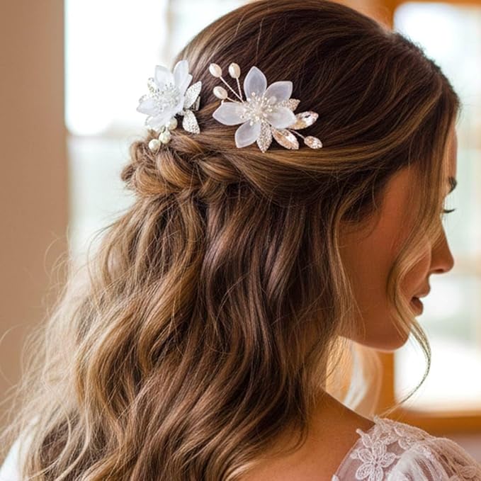 Heread Flower Bride Wedding Hair Clips Silver Leaf Bridal Hair Barrette Pearl Hair Accessories for Women and Girls (Pack of 2)