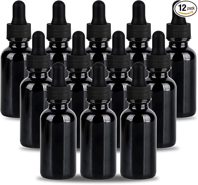 1 oz UV Resistant Dropper Bottle 12 Pack Black Glass Boston Bottles 30ml with Eye Droppers Black Caps for Essential Oils, Perfume, Leak Proof Travel Bottles for Liquids