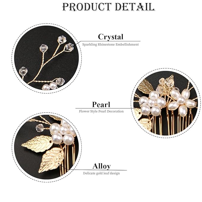 10 Pieces Gold Leaf Bridal Hair Pins, Wedding Headpiece Hair Jewelry with Pearl Rhinestone Wedding Hair Accessories for Bride Bridesmaids Flower Girls(Pearl)