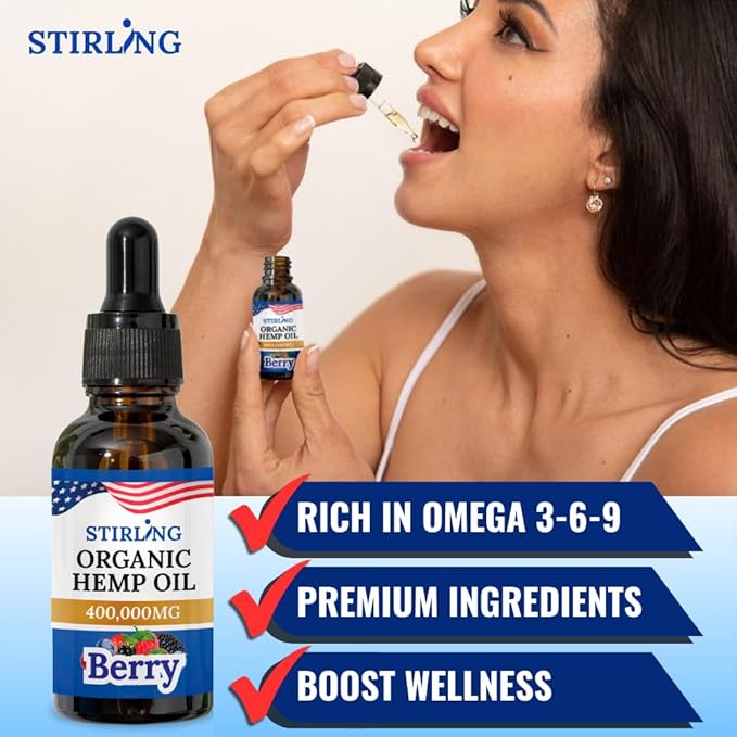 Stirling Organic Hemp Oil - 400,000mg Natural Berry Flavor - Enhances Sleep and Helps Reduce Discomfort - THC-Free, Non-GMO, Gluten-Free, High in Omega 3 6 9 - Premium U.S. Hemp Seed Oil