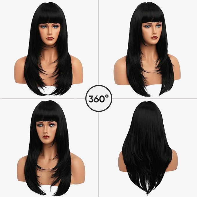 Black Wig With Bangs Long Wavy Straight Wig with Layered Hair Synthetic Heat Resistant Wigs for Women Daily Party Use 26 Inches