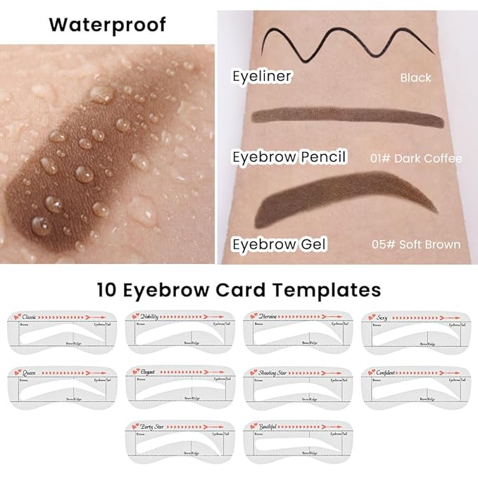 evpct Eyebrow Stencils Kit for Women Shaping, Eyebrow Shaper Makeup Kit, Eye Brow Stencil Shaper Tinting kits for Women, with Eyeliner, Eyebrows Pencil, Pomade, Brush and 10 Stencils, 05# SOFT BROWN