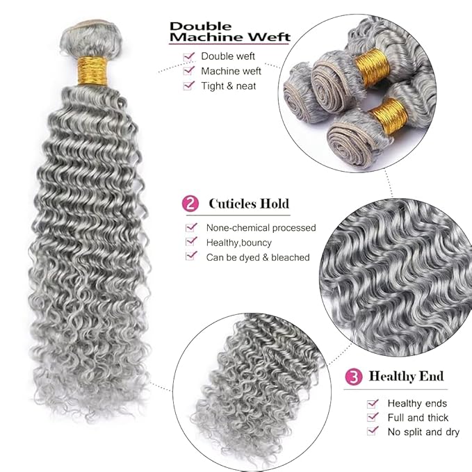 30 32 34 Inch Grey Bundles Human Hair Silver Deep Wave Bundles Niegmeag Brazilian Virgin Remy Hair Extensions Double Weft Soft And Silky Gray Deep Wave Bundle
