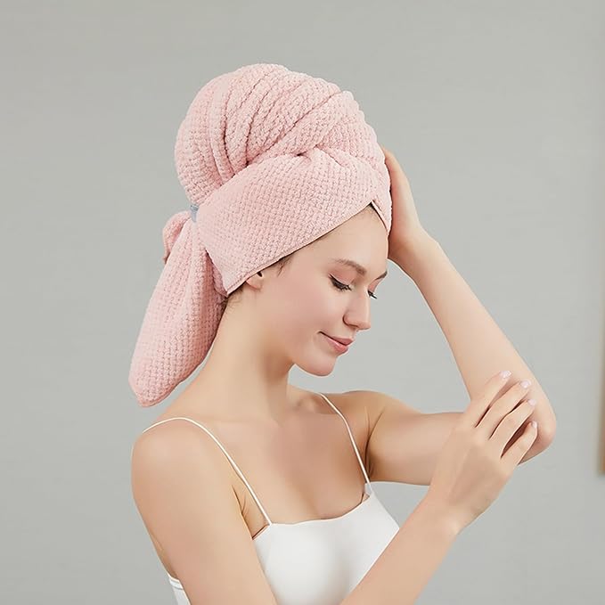 Women Microfiber Hair Towel Wrap with Elastic Strap,Super Absorbent Anti Frizz Drying Turban for Curly, Long,Wet Hair-Pink