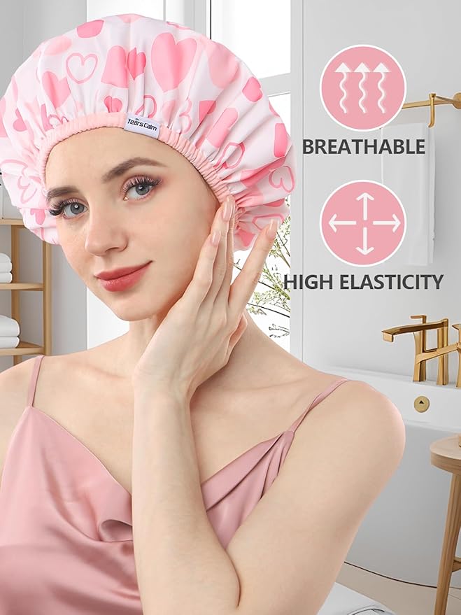 Years Calm Shower Caps For Women Reusable Waterproof，Pattern And Solid Color Dual-Layer Design For Dual-Layer Usable，Protects Hair In Shower, Spa, Cooking, Clean & Travel (Pink, Extra Large)