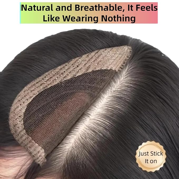 Anemone No Clips Human Hair Topper Piece Fringe Bangs for Women Wrap-Around Magic Paste with Invisible Lace for Natural Hair Loss Coverage (1B Lace French Bangs)
