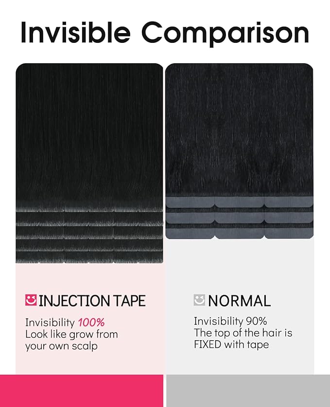 Youngsmile Injection Tape in Hair Extensions Real Human Hair, #1 Jet Black 22 Inch Invisible Edge Tape in Injected Hair Extensions, 20pcs 50g, Straight Remy Virgin Human Hair Tape ins (#1,22'')