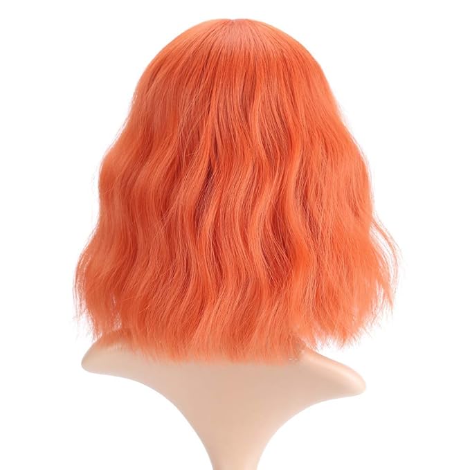 FAELBATY Short orange Wigs With Air Bangs Colorful wig Shoulder Length Women's Short Wig Curly Wavy Synthetic Cosplay Wig Orange Bob Wig for Girl Costume Wigs Orange Color 12"
