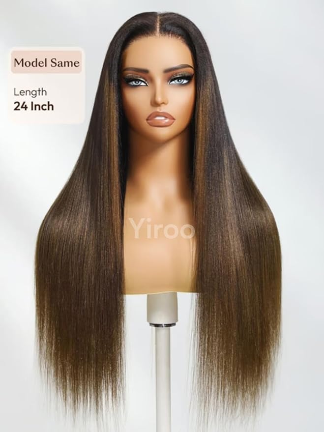 YIROO Chestnut Brown Ombre Yaki Straight 13x4 Pre Everything Frontal Glueless Wig Human Hair Pre Plucked Pre Cut,Bye bye Knots Wear and Go Drawstring Wigs Beginner Friendly 150% Density 20Inch
