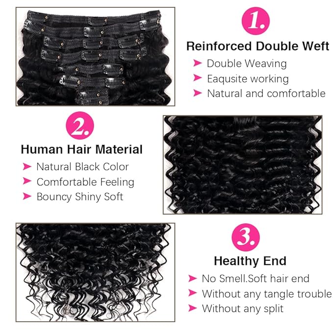 Deep Wave Clip in Hair Extensions for Black Women Brazilian Virgin Human Hair Extensions 8Pcs Remy Hair Extensions Clip in Human Hair with 18Clips 120g (12inch, Natural Black)