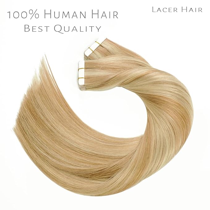 Lacer Tape Ins Human Hair Extensions Golden Blonde to Platinum Blonde 16 Inch 100G 40Pcs Hair Extensions Tape in Seamless Straight Real Remy Human Hair Tape Ins
