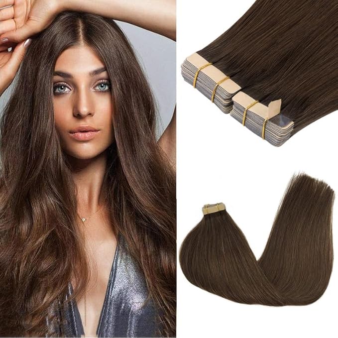 GOO GOO Tape in Hair Extensions Human Hair, 4A Chocolate Brown, 20inch 100g 40pcs, Skin Weft Seamless Invisible, Silky Straight with Thick Ends, Remy Human Hair