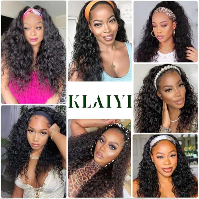 KLAIYI Headband Human Hair Wig Water Wave Curly Non Lace Front Wigs for Black Women Deep Wave Glueless Wear and Go Half Wig with Band 30S Ready to Wear Beginner Friendly 180% Natural Hairline 18Inch