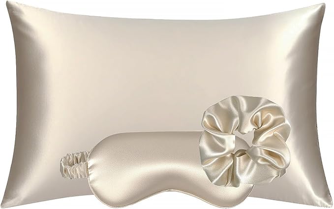 Vegan Silk Sleep Set, Vegan Silk Pillowcase with Large Scrunchie and Eye Mask for Hair and Skin, Self Care Essential Satin Night Routine Kit (Champagne Color)