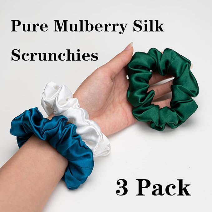 Silk Scrunchies for Hair 100% Mulberry Silk Hair Ties 3 Pack(White, Peacock Blue, Emerald)