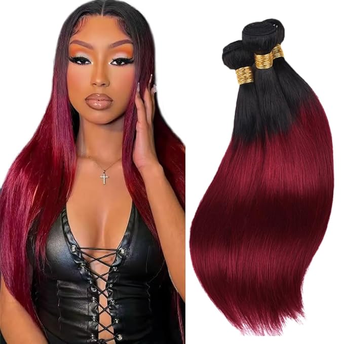 Ombre Bundles Human Hair Burgundy Straight Bundles 16 18 20 Inch Niegmeag 2 Tone Black and Red Bundle Double Weft 1B99J Straight Bundle Hair Weave 150g