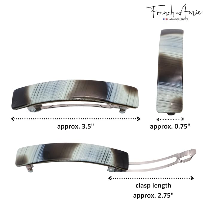 French Amie Oblong Handmade 3.5" Celluloid Automatic Hair Clip Barrette French Hair Clip for Girls Strong Hold Hair Clips for Women No Slip Durable Paris Hair Accessories, Made in France (Ivory Black)