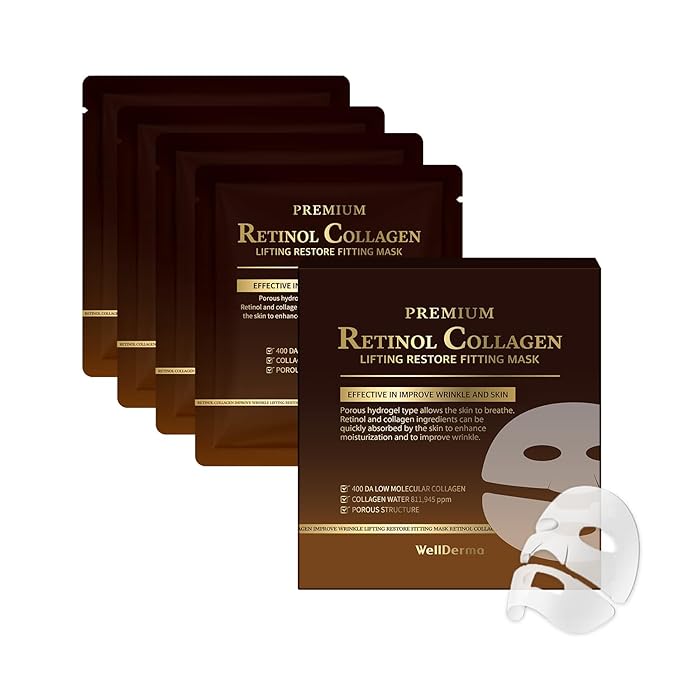 WELLDERMA Premium Retinol Collagen Restore Fitting Mask 4EA - Korean Collagen Face Mask for all around care, Wrinkles, Elasticity, Brightening, Deep Hydration, Face mask Skin Care