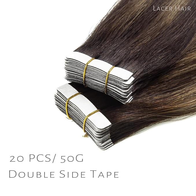 Lacer Natural Hair Extensions Remy Tape in Human Hair Extensions Balayage Seamless PU Skin Weft 100% Real Virgin Hair Ombre Darkest Brown to Chestnut Brown Color 100g 40pcs/set 22 Inch