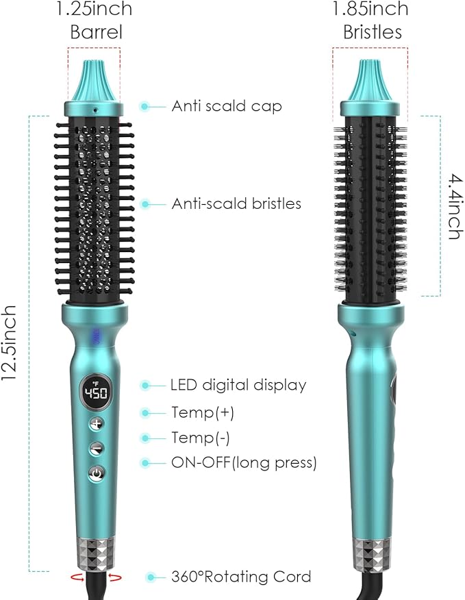 1 1/4 Inch Thermal Brush Negative Ion Heated Round Brush Dual Voltage 12 Temperature Settings Curling Hairbrush for Bangs Medium Shoulder Hair (1.25 Inch Barrel 1.85 Inch Bristles)