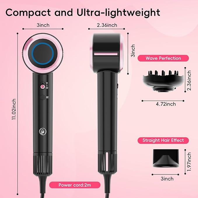 CINOSTAR Hair Dryer, Fast Drying Blow Dryer with Diffuser, with 110, 000RPM Brushless Motor&Ionic Technology No Heat Damage, Lightweight for Women and Travel, Low Noise, Black