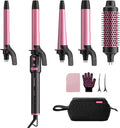 5 in 1 Automatic Rotating Curling Iron Set, CrazyMar Curling Wand Set - 5 Barrels (3/4,1,1/4 Inch) Dual Voltage Curling Wand for Professional Hair Styling, Travel, Ceramic Coating(Hot Pink)