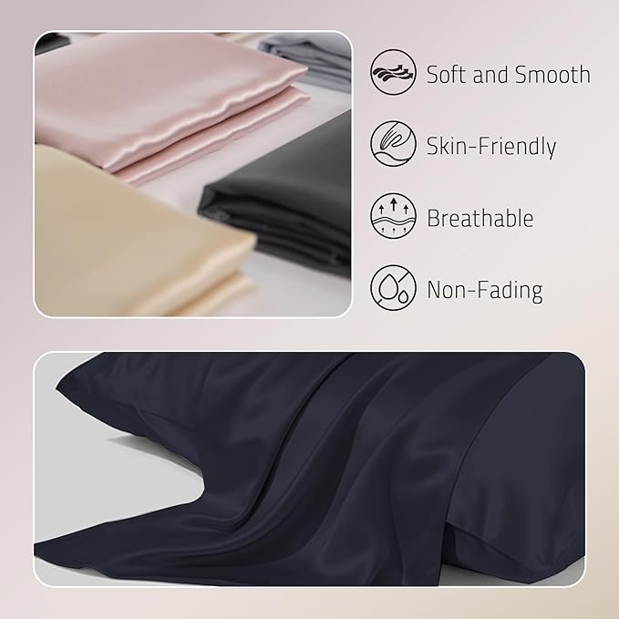 Mulberry Silk Pillowcases Set of 2, Both Sides Real Silk Pillow Cases for Hair and Skin Prevent Acne Pillowcase Organic Silk Pillowcase 2 Pack with Hidden Zipper, Navy Blue, King (20"×36")
