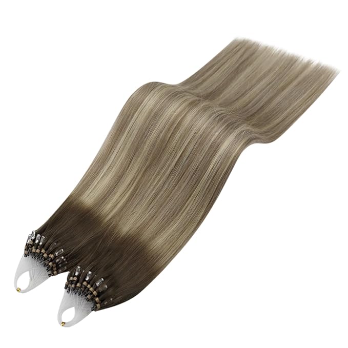YoungSee Microbead Hair Extensions Brown Balayage Micro Bead Hair Extensions Real Human Hair Ombre Dark Brown to Brown with Blonde Micro Extension 24 Inch Bead Hair Extension for Long Hair 50s/50g