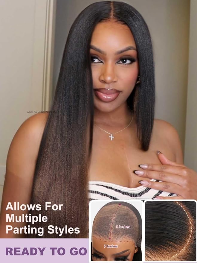 YIROO Bye Bye Knots Chestnut Brown Ombre Light Yaki Straight Wig Human Hair,7x5 Lace Front Glueless Wig with Drawstring,Pre Cut Pre Plucked Pre Bleached Knots Natural Hairline Wig for Women 22Inch