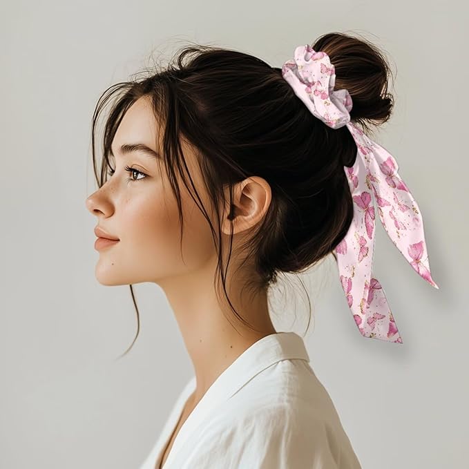 Butterfly Bow Hair Ties for Women Floral Pack of 2 Fashion Satin Hair Ties for Thin Hair Pink Aesthetic Scrunchies with Knot No Damage Ponytail Decor Band