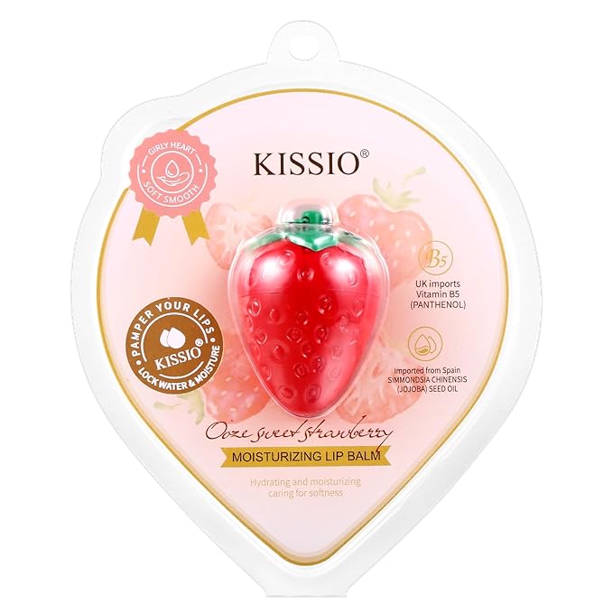 KISSIO Lip Balm,Strawberry Lip Balm,Lip Care with B5 Panthenol,Jojoba Seed Oil and Ceramide,Moisturize and Soothe Chapped Lips,Reduces Lines and Enhances Lip Elasticity,Cruelty Free,0.12 oz(02#)