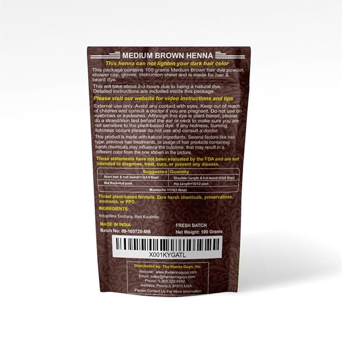 1 Pack Of Medium Brown Henna Hair & Beard Color/Dye 100 Grams - Natural Hair Color, Plant-based Hair Dye - The Henna Guys