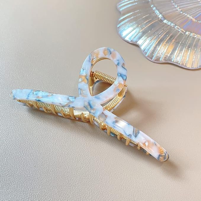 1Pack Large Metal Acetate Hair Claw Clips for Curly Straight Hair Non Slip Big Fashion Hair Clamp for Thick Thin Hair Styling Accessories as Gift for Wife Girlfriend (1PC/Box,Blue White)
