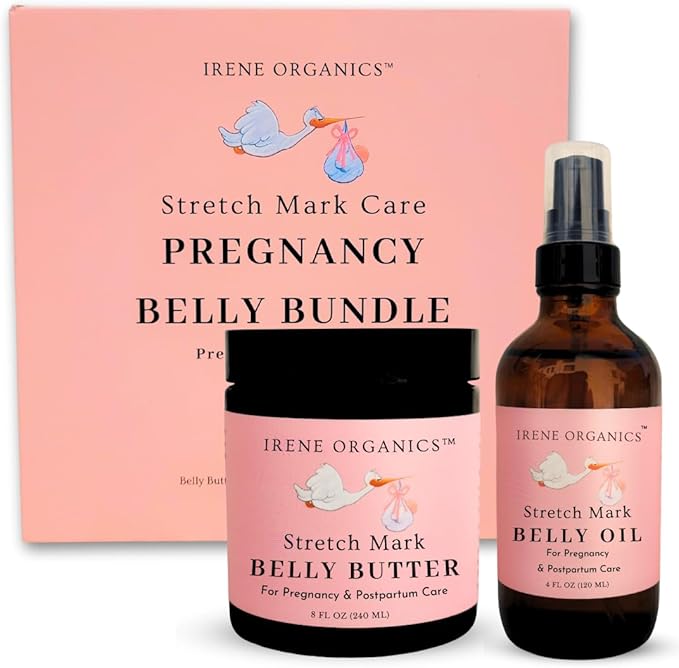 Belly Bundle by Irene Organics - Organic Belly Butter and Oil for Pregnancy Stretch Mark Prevention and Treatment - Award Winning Skincare For Pregnancy and Postpartum - Mother's Day Gift Set (Large)