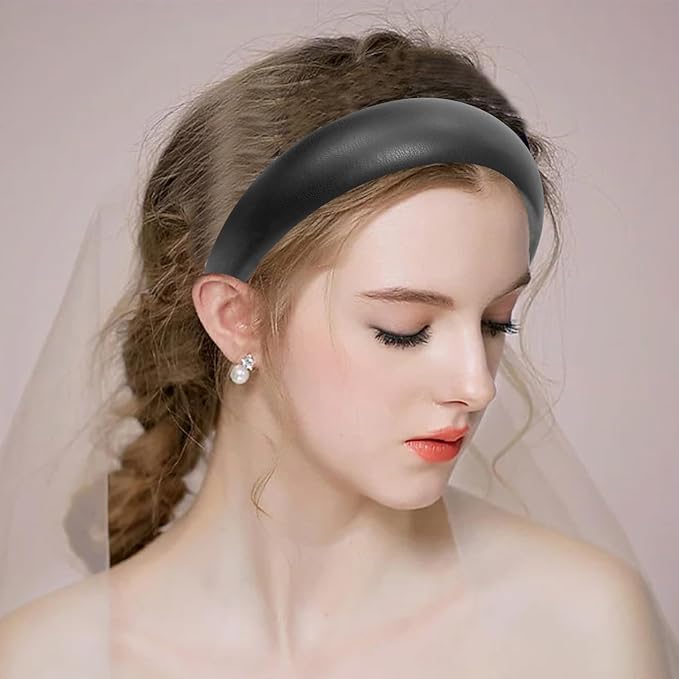 Black Wide Headband for Women Soft Leather Padded Headband Fashion Dressy Head Band High Elastic Comfortable Hairband Hair Accessories for Womens Hair