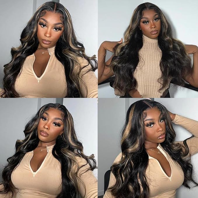KLAIYI Bye Bye Knots Wear and Go Glueless Wig Highlight Blonde Body Wave 7x5 Precut HD Lace Front Wig Human Hair Pre Bleached Pre Plucked Ombre Wig with Dark Roots Chocolate Brown Ready to Wear 14Inch