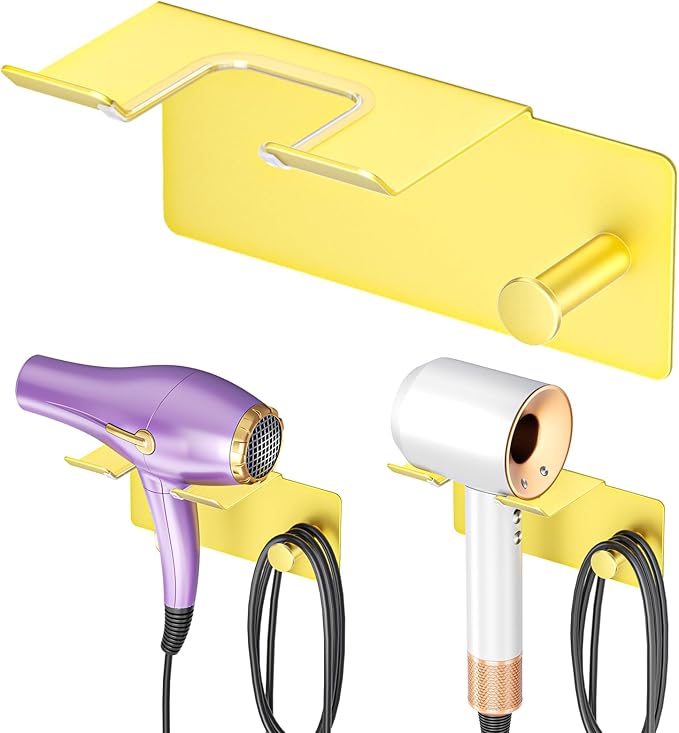 Hair Dryer Holder Wall Mounted, Blow Dryer Holder Adhesive, Metal Hairdryer Holder for Bathroom, Hair Tool Organizer with Plug&Cord for Cabinet Bathroom Bedroom Barber Shops