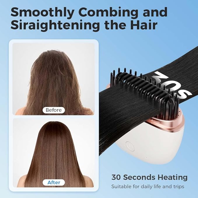Mini Straightener,Portable Fast Heating Hair Straightener Comb with Mirror,Wireless 2-in-1 Hairs Dressing Combs for Home Travel Gift,Straight Hair Comb with 3 Adjustable Temperatures (White)
