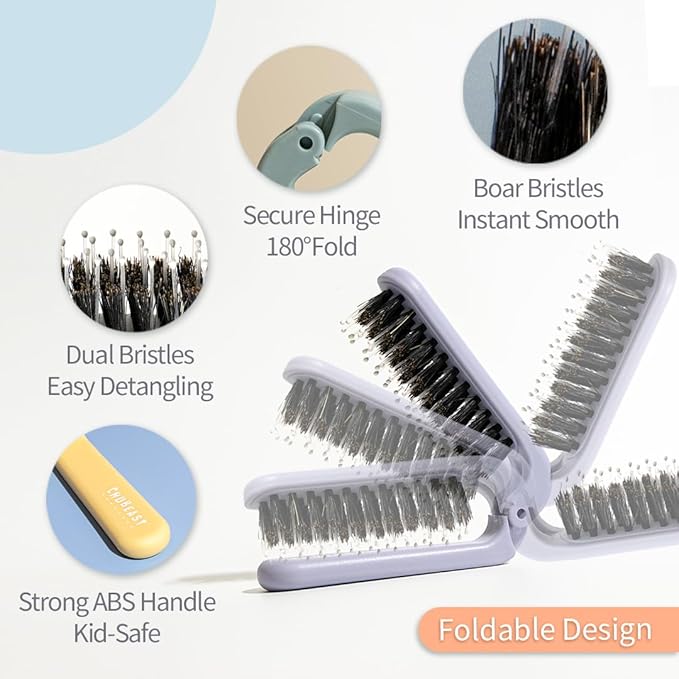 Uffy MiniPop Travel Hair Brush – Mini Folding Boar Bristles for Women, Men & Kids | Kid-Friendly Compact Comb for Wet & Dry Hair, Curly or Straight | Pocket-Size Detangler - Lemonade on Baby Blue