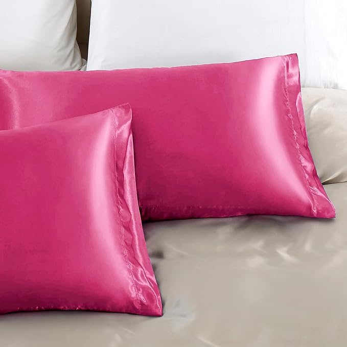 Aormenzy Satin Pillow Cases for Women Standard Size Set of 2, Hot Pink Satin Pillowcase for Hair with Envelope Closure Silky Pillow Covers Wrinkle, Fade Resistant (20x26 Inches)
