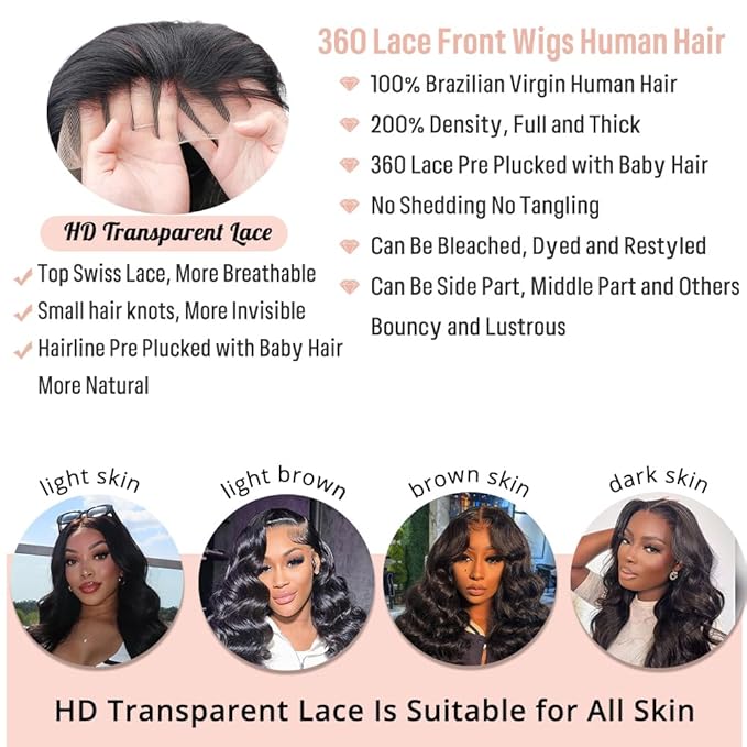360 Lace Front Wigs Human Hair Body Wave 200% Density 22 Inch Upgraded Hidden Straps 360 HD Full Lace Wigs Human Hair With Drawstring Pre Plucked With Baby Hair for Women Natural Black