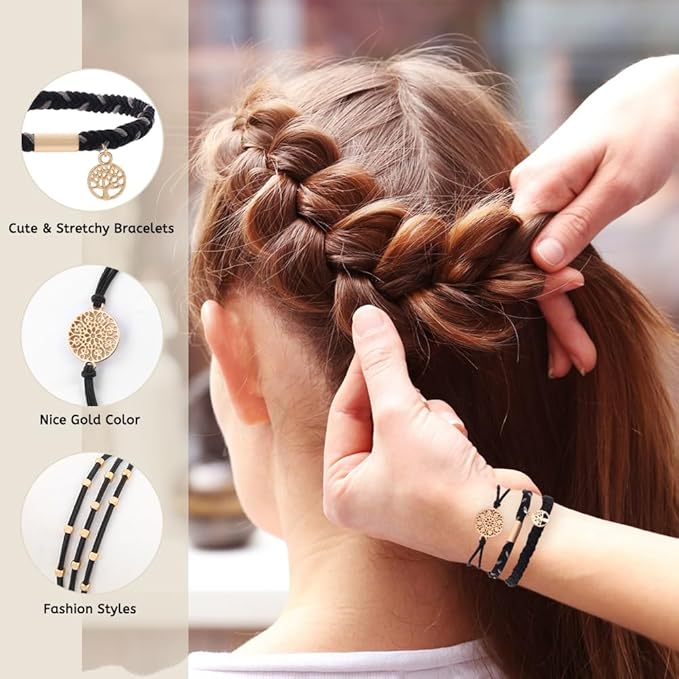 DIYDEC 10PCS Hair Ties Bracelet for Women 5 Styles Soft Braided Boho Hair Bands Elastic No Damage Hair Ties for Girls thick Thin Long Curly Hair Accessories(Black and Grey)