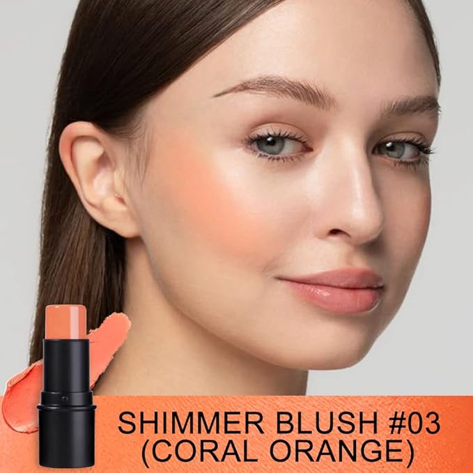 evpct 2Pcs Shimmer Orange Cream Blush Stick for Cheeks Lips Tint Eyes Contour Highlighter Makeup Sticks Lightweight Hydrating formula rubor en crema para los cachetes 02 Coral Pink & 03 Coral Orange