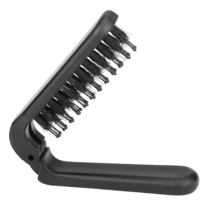 Ancable Travel Folding Hair Brush, Collapsable Portable Pocket Boar Bristle Hair Brush for Thin and Thick Hair, Mini HairBrush for Men Women Kids, Restores Shine, Black