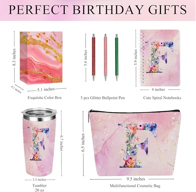 Personalized Gifts Monogrammed Birthday Gifts for Women, Aunt Grandma Retirement Christmas Initial 20 oz Tumbler, Makeup Bag Cup Ballpoint Pens Journal Notebook 6 Set, (Aesthetic Pink Flower F)